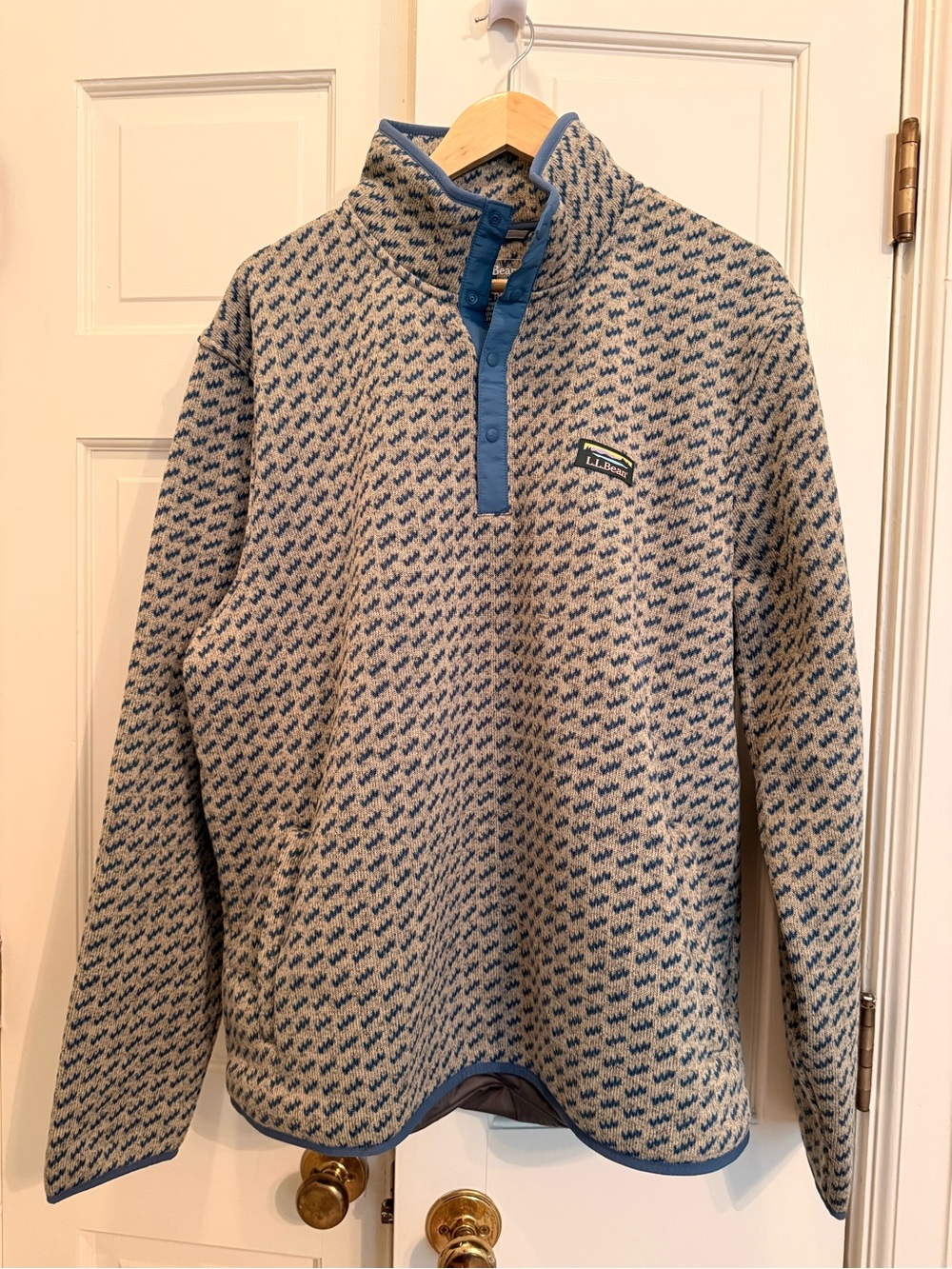 L.L. Bean Blue and Cream Patterned Quarter-Snap Pullover